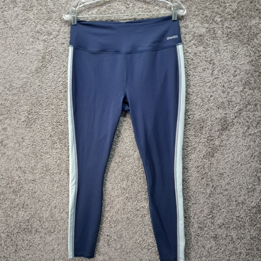 Handful Womens Navy Blue Ruched‎ Back Striped High Waist Athletic Leggings Large